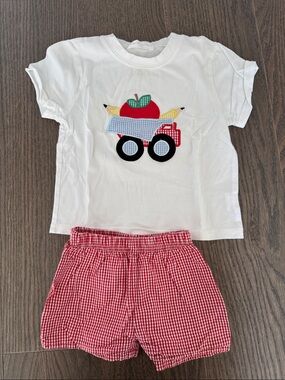 Kids Matching Set - White Top with Red Gingham Shorts